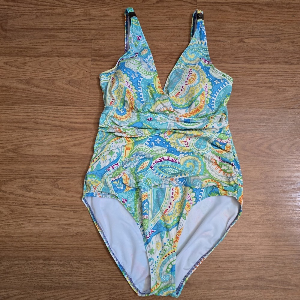 Ralph Lauren Women Underwire Blue Green Paisley Shirred One Piece Swimsuit Sz 14
